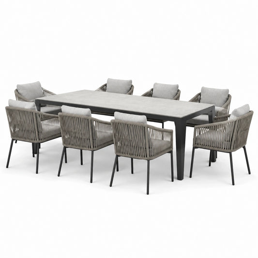 Ensemble repas de jardin 9 pièces gris et noir, table 220 × 100 × 75 cm et 8 fauteuils 60 × 62 × 82 cm