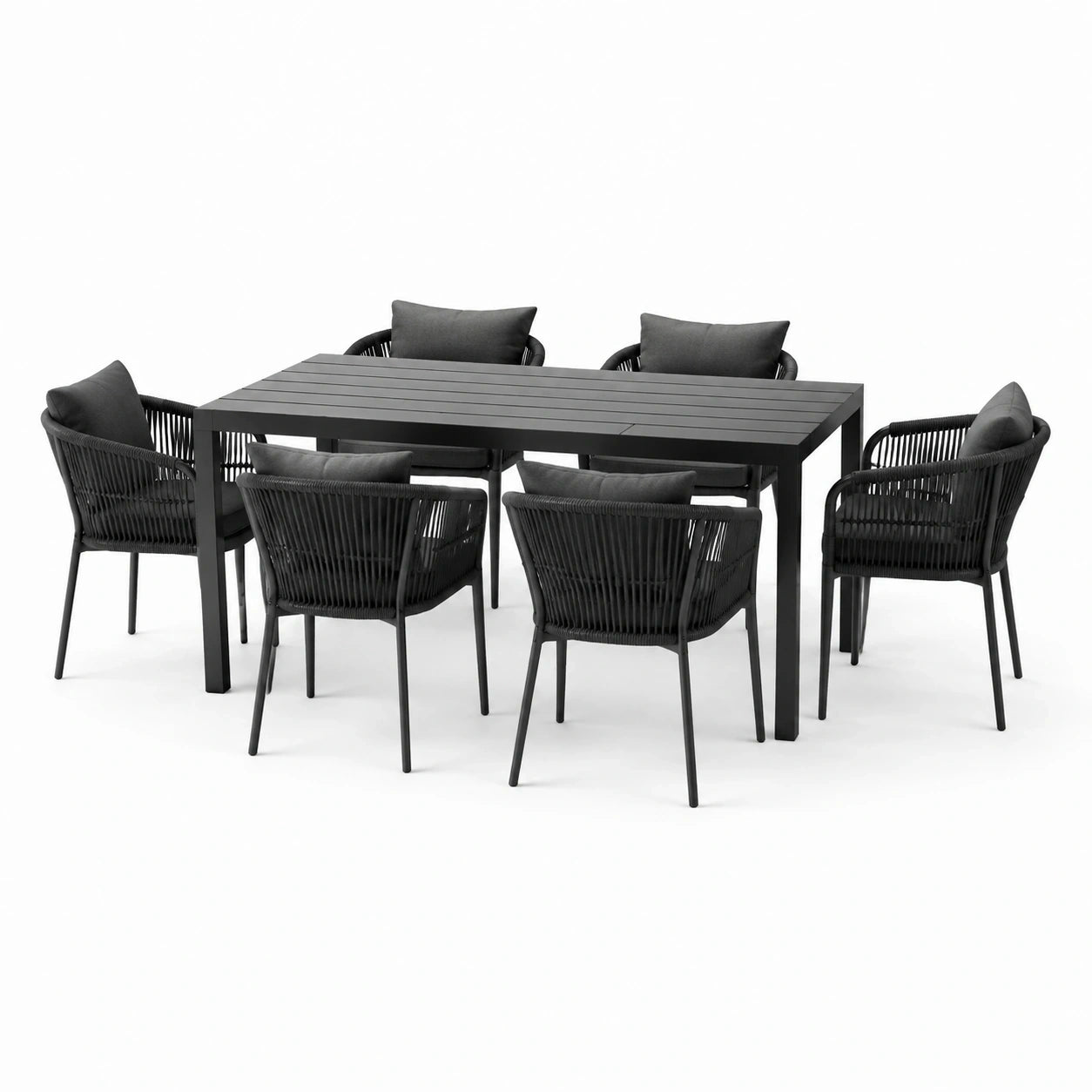 Salon de jardin 7 pièces noir et gris anthracite avec table 180 × 90 × 75 cm et 6 fauteuils 58 × 60 × 82 cm