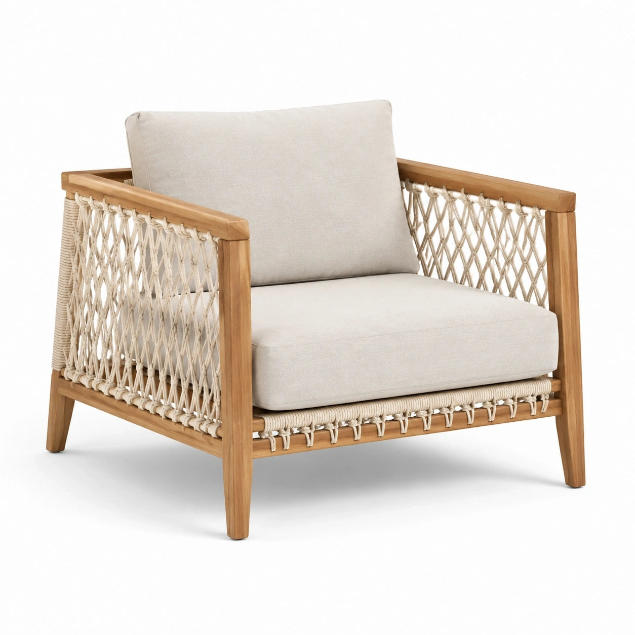 Fauteuil en bois naturel et corde beige, style bohème, 90 × 85 × 80 cm