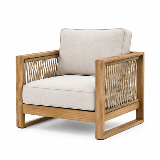 Fauteuil de jardin contemporain en bois naturel, corde beige et tissu écru, 78 × 82 × 80 cm
