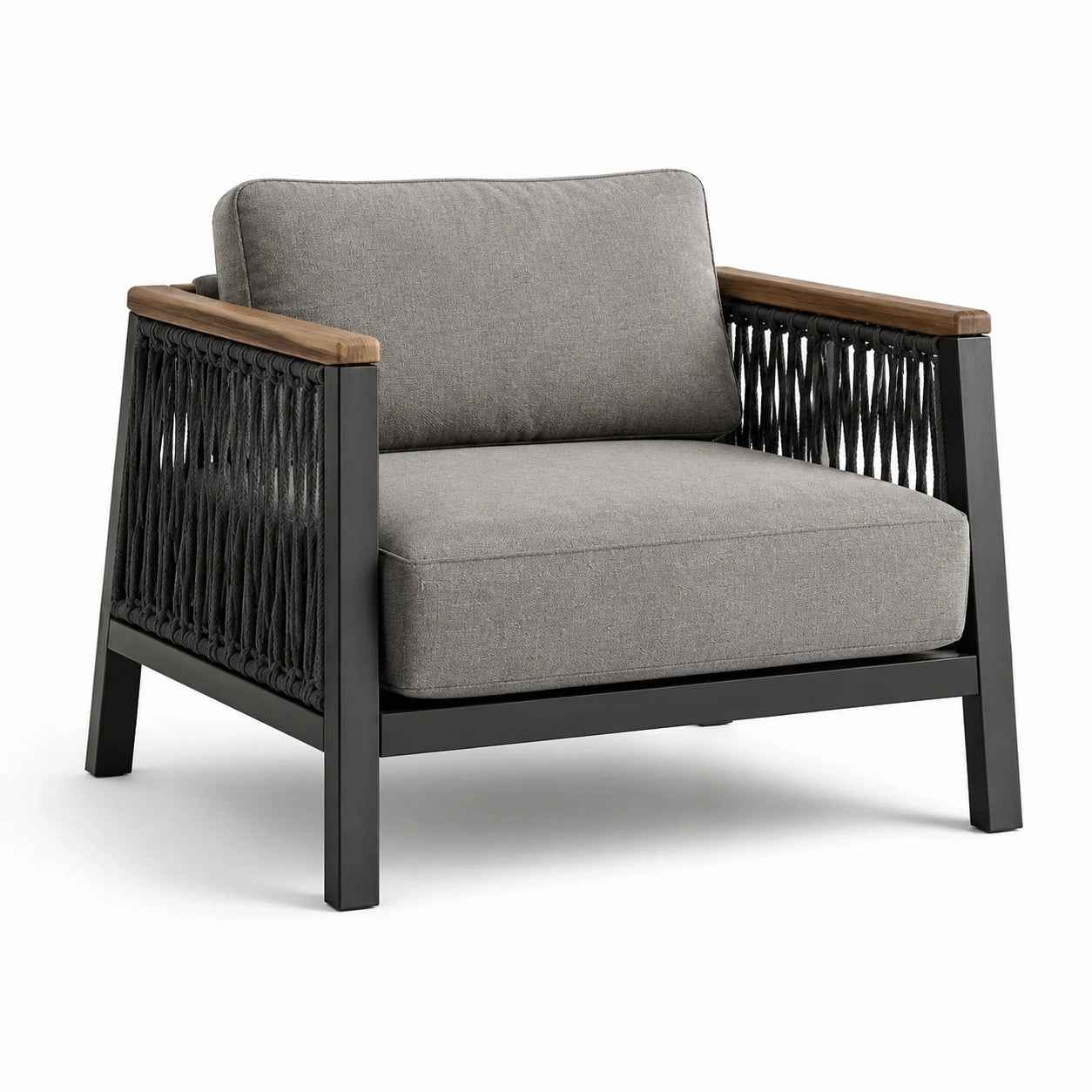 Fauteuil de jardin contemporain 78 × 82 × 78 cm en tissu gris, métal noir, corde tressée et bois naturel