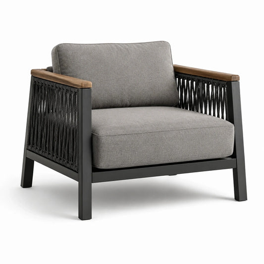 Fauteuil de jardin contemporain 78 × 82 × 78 cm en tissu gris, métal noir, corde tressée et bois naturel