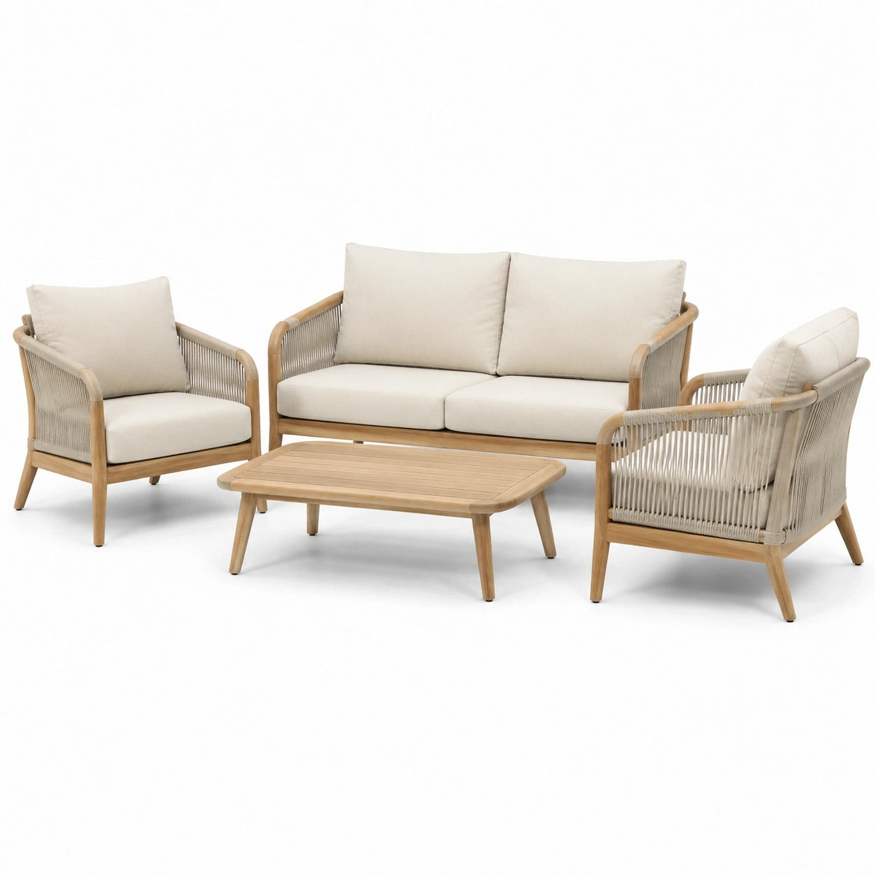 Ensemble de jardin 4 pièces beige et bois naturel avec canapé 145 × 75 × 76 cm, 2 fauteuils et table basse