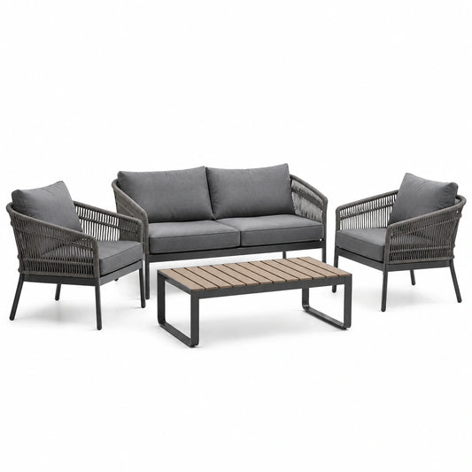 Salon de jardin 4 pièces gris, noir et marron avec canapé 130 × 74 × 76 cm, 2 fauteuils 68 × 74 × 76 cm et table basse 95 × 55 × 38 cm