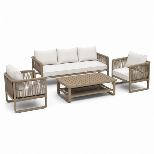 Ensemble de jardin 5 places taupe et blanc cassé avec canapé 210 × 80 × 78 cm, 2 fauteuils 76 × 80 × 78 cm et table basse 110 × 60 × 42 cm