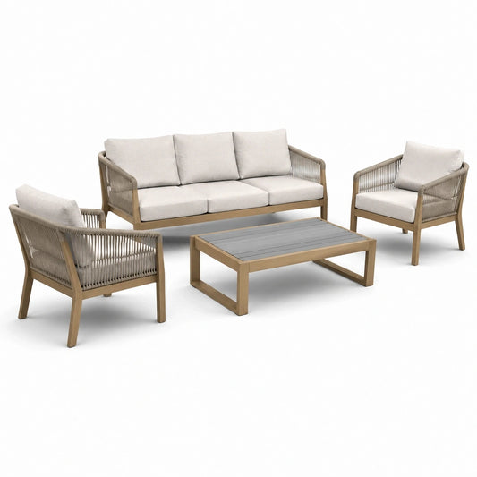 Salon de jardin 4 pièces beige, gris et taupe avec canapé 200 × 80 × 78 cm, 2 fauteuils 77 × 80 × 78 cm et table basse 110 × 65 × 40 cm
