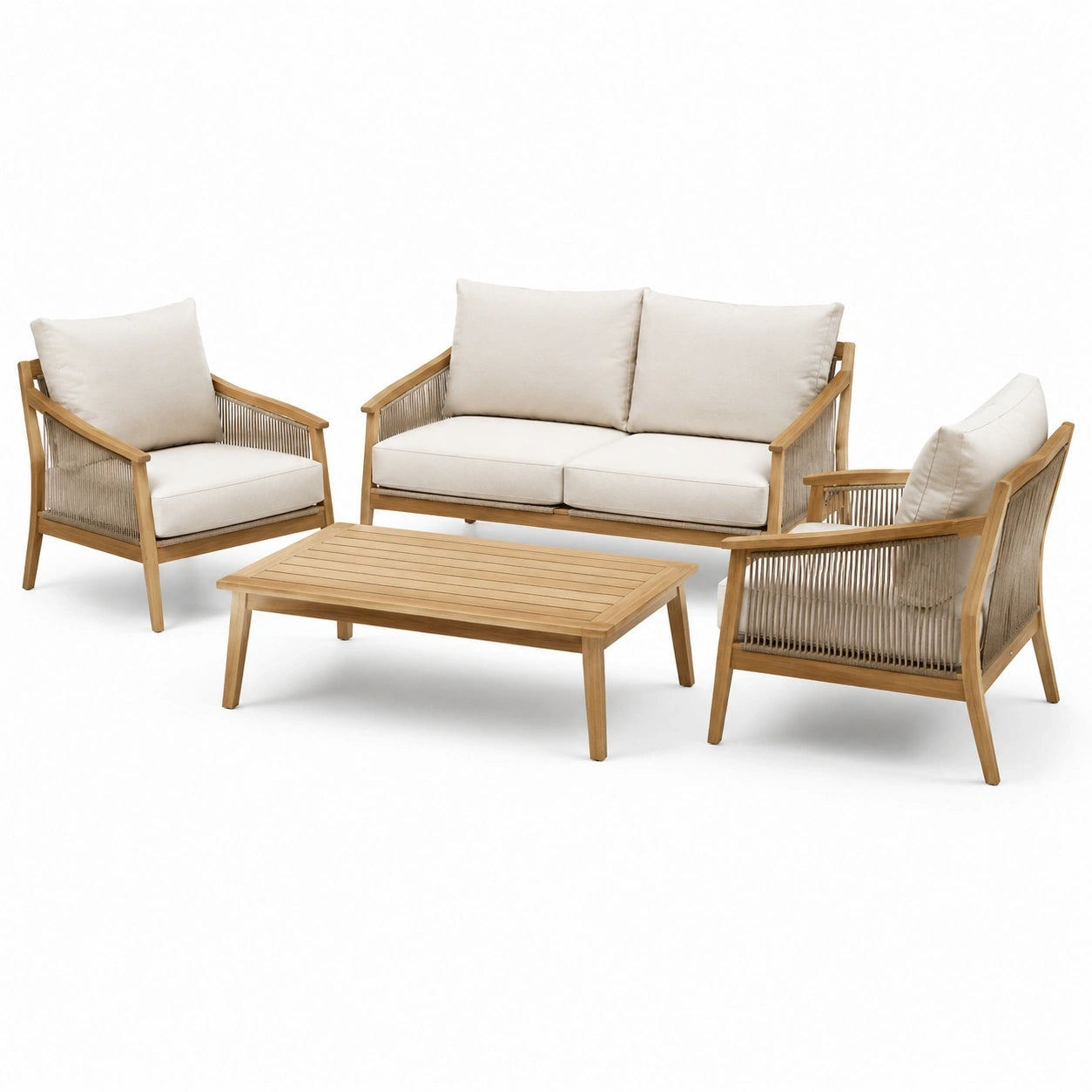 Salon de jardin contemporain 4 pièces en bois naturel, corde beige et tissu écru – Canapé 185 × 80 × 80 cm, fauteuils 75 × 80 × 80 cm et table 110 × 60 × 40 cm
