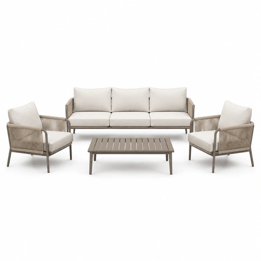 Salon de jardin 4 pièces taupe, écru et beige avec canapé 3 places 205 × 80 × 78 cm, 2 fauteuils 76 × 80 × 78 cm et table basse 110 × 60 × 38 cm