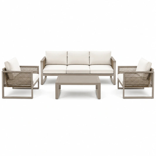 Salon de jardin 4 pièces taupe et écru avec canapé 191 × 77 × 78 cm, 2 fauteuils et table basse