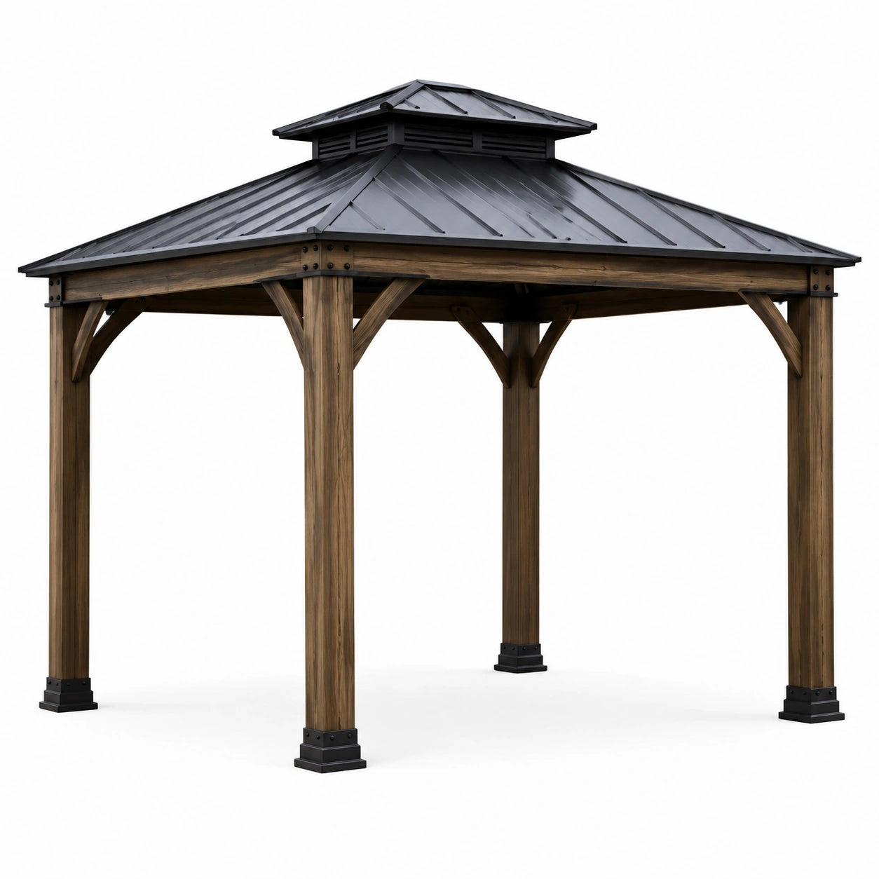 Pavillon de jardin en bois brun et métal noir avec toit ventilé, 300 × 300 × 310 cm