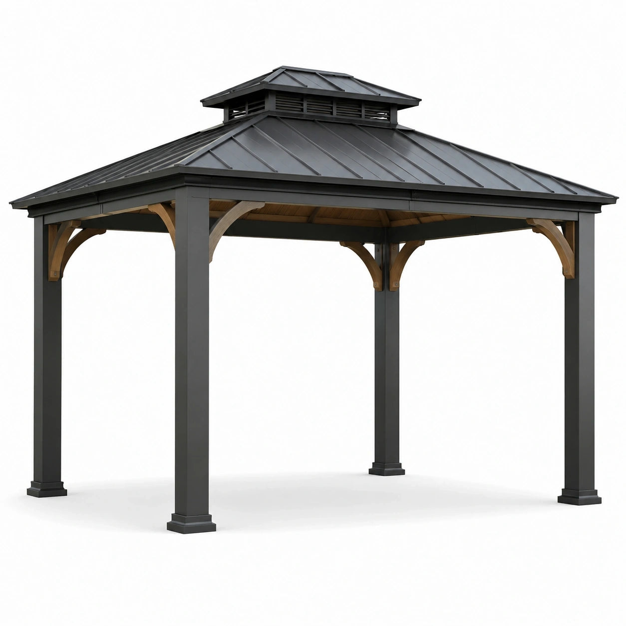 Pavillon de jardin anthracite et brun naturel avec toit rigide ventilé, 400 x 300 x 300 cm