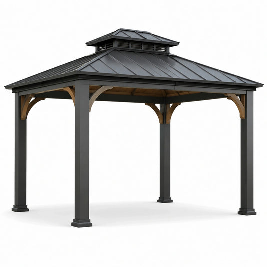 Pavillon de jardin anthracite et brun naturel avec toit rigide ventilé, 400 x 300 x 300 cm