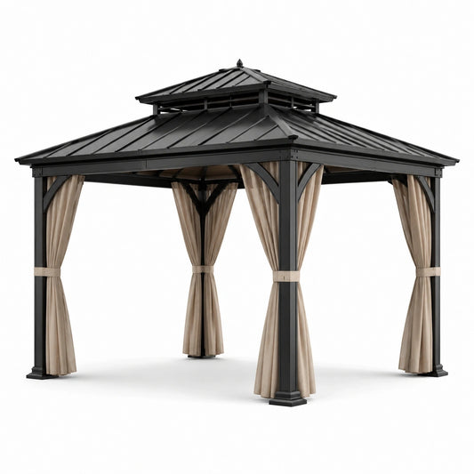 Tonnelle de jardin noire avec rideaux beiges et toit rigide à double niveau, 300 × 300 × 290 cm