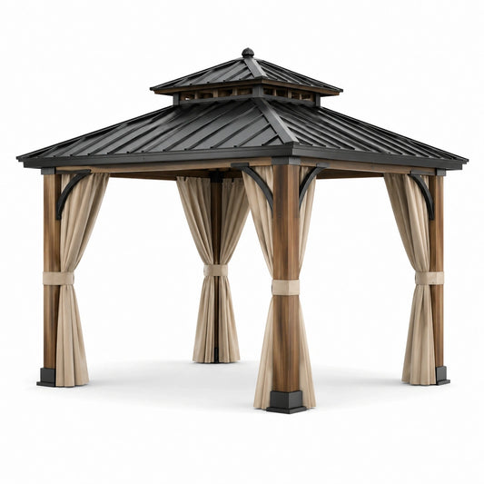 Tonnelle de jardin carrée 300 × 300 × 290 cm en bois et métal, brun, noir et beige, avec rideaux