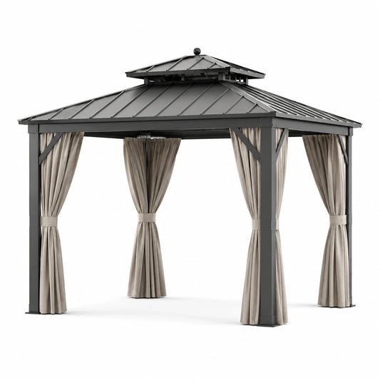 Pavillon de jardin en acier anthracite avec rideaux beiges et toit rigide à double niveau, 360 × 300 × 280 cm