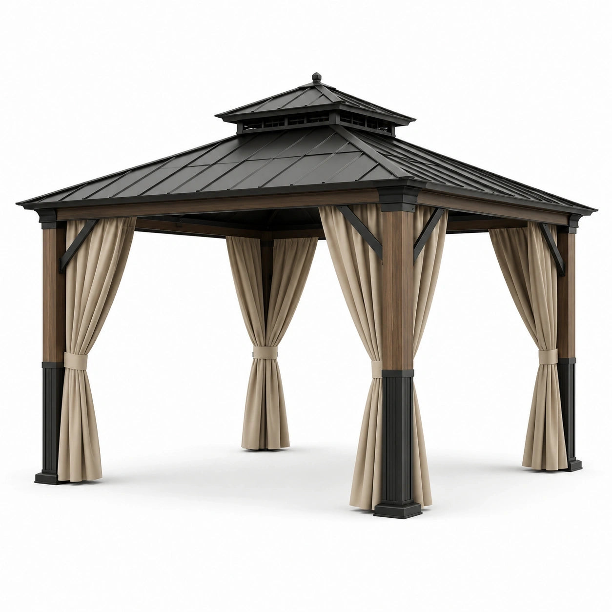 Tonnelle de jardin 360 × 360 × 290 cm, structure marron et anthracite, toit rigide et rideaux beiges