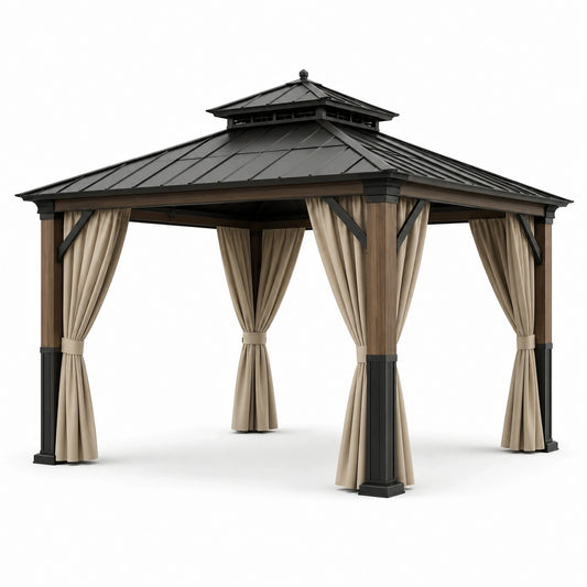 Tonnelle de jardin 360 × 360 × 290 cm, structure marron et anthracite, toit rigide et rideaux beiges
