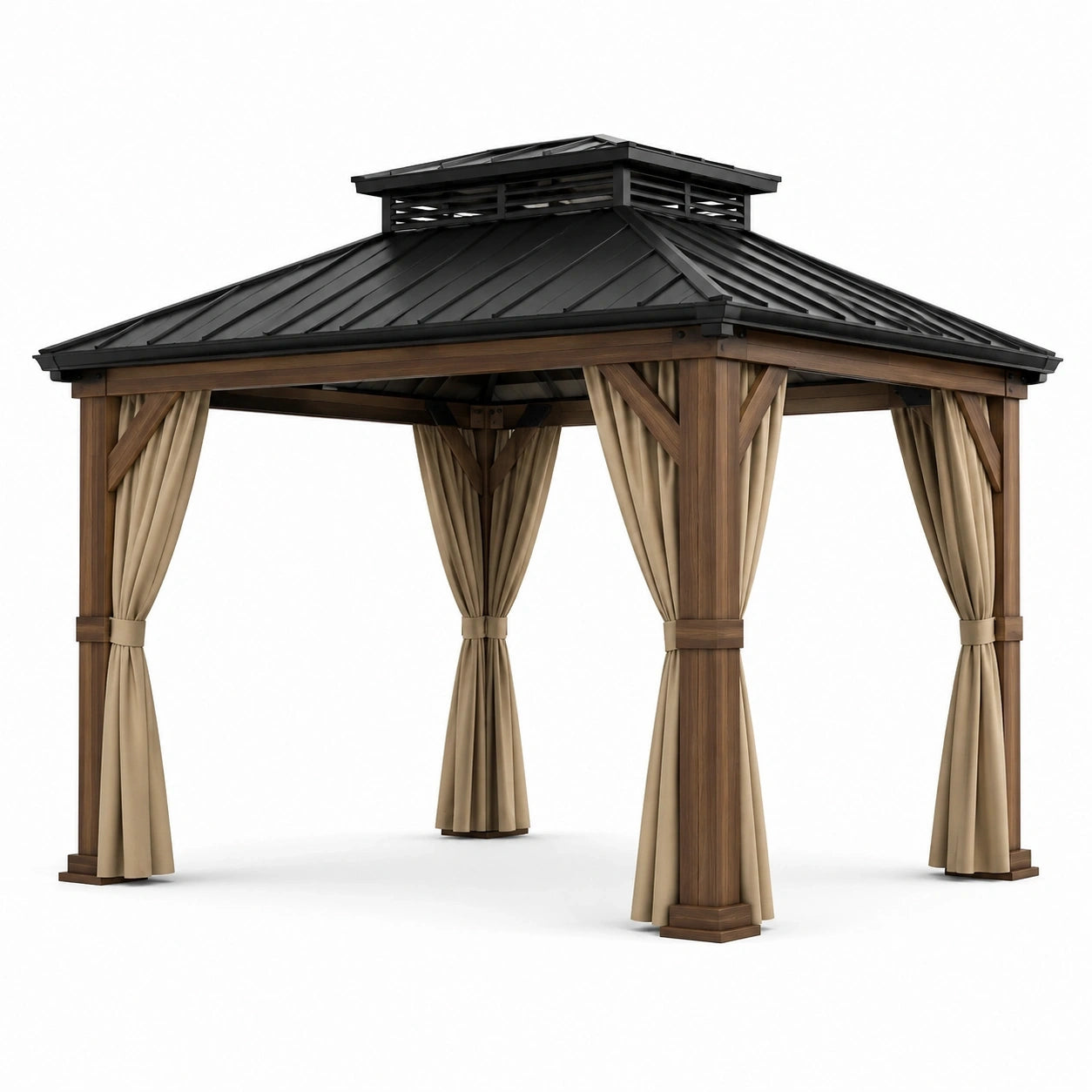 Tonnelle de jardin en bois marron avec toit métallique noir et rideaux beiges, 300 × 300 × 280 cm